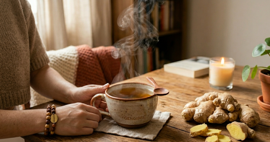 Chá de gengibre quente com pedaços naturais ao lado