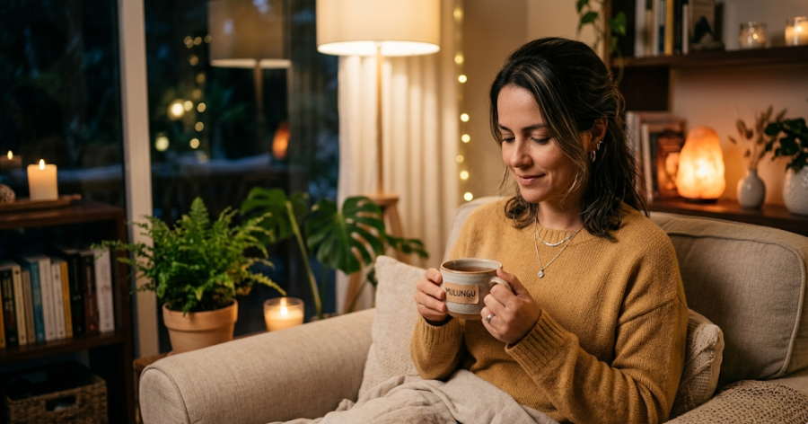 Mulher tomando chá de mulungu para relaxamento e sono