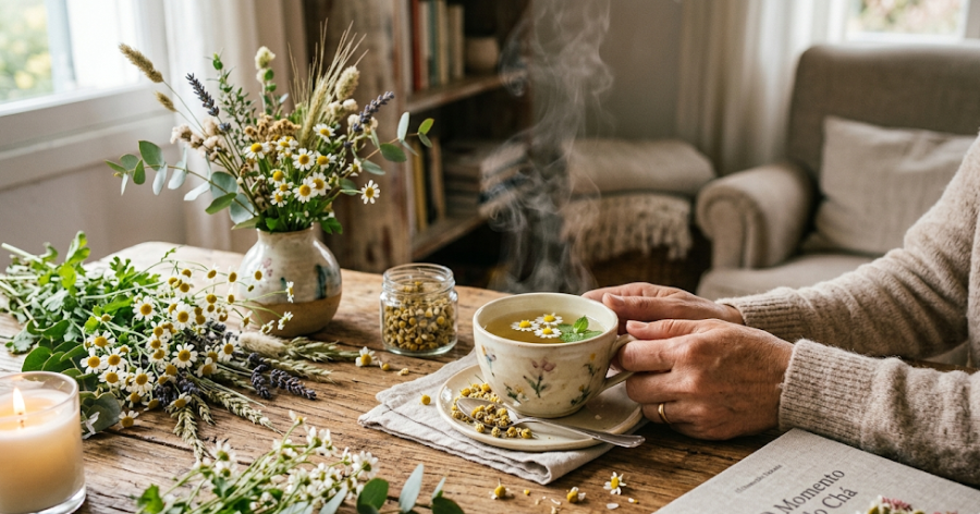 chá de camomila com flores naturais ao redor