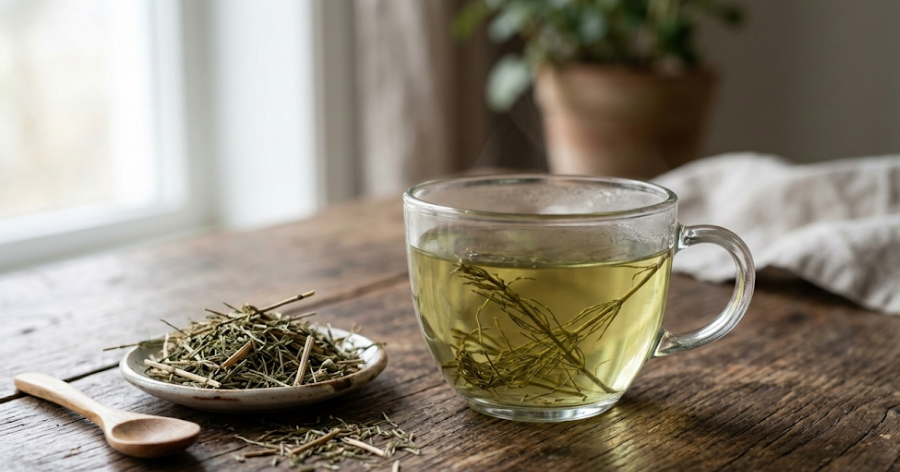 chá de cavalinha para que serve preparado em xícara de vidro