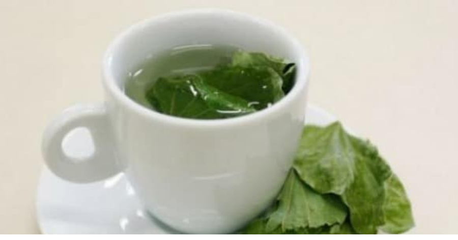 xícara de chá de pata-de-vaca com folhas naturais