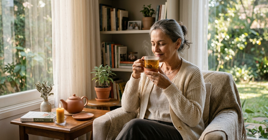 Chá de sálvia em xícara com folhas frescas ao lado