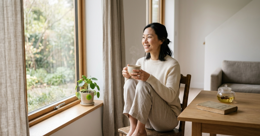 mulher tomando chá de erva-doce em rotina saudável
