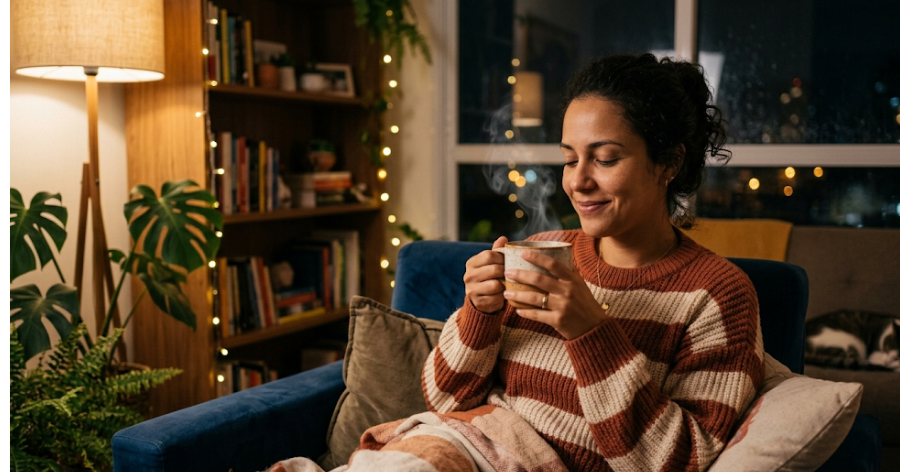 Mulher relaxando com chá de erva-cidreira para ansiedade