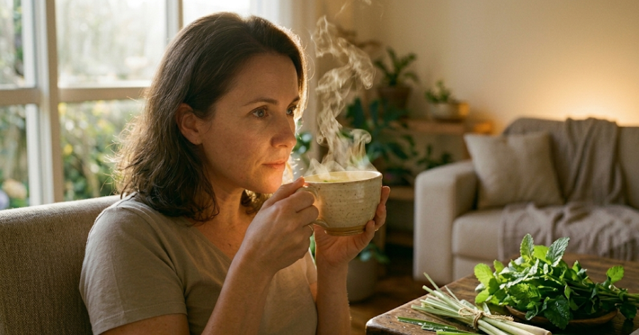 mulher tomando chá de erva-cidreira para relaxamento e ansiedade