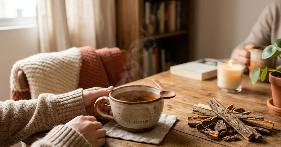 chá de mulungu natural em xícara com cascas
