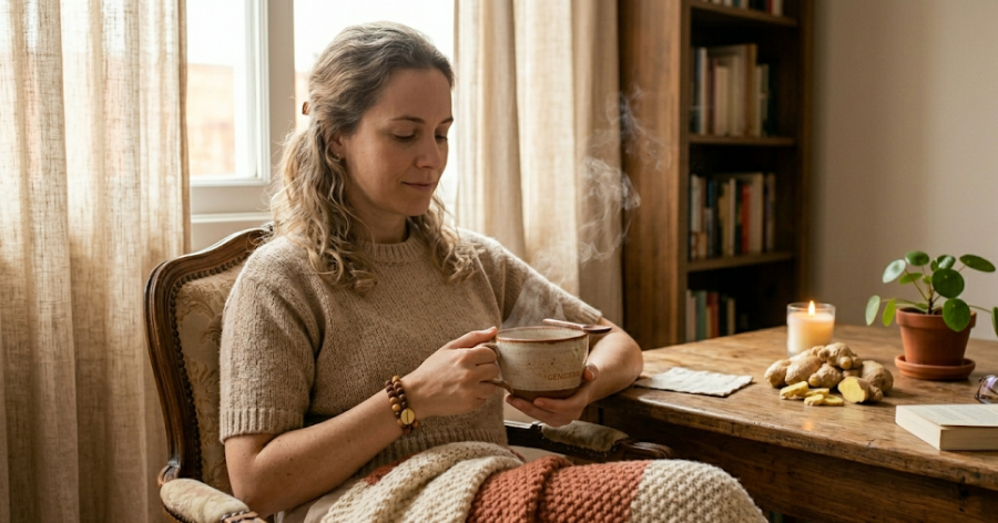 Pessoa tomando chá de gengibre em ambiente confortável