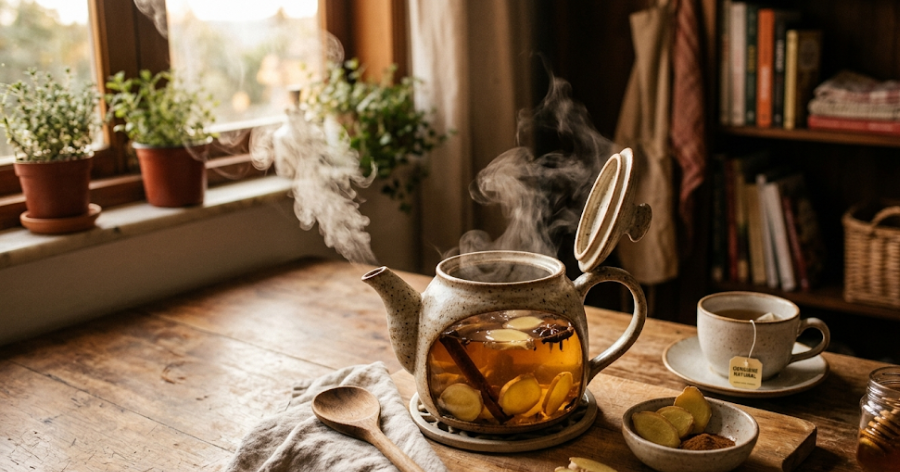 preparo correto de chá de gengibre com fatias frescas