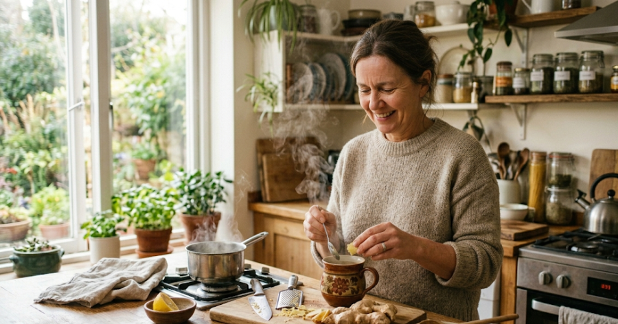 mulher preparando chá de gengibre da forma errada na cozinha