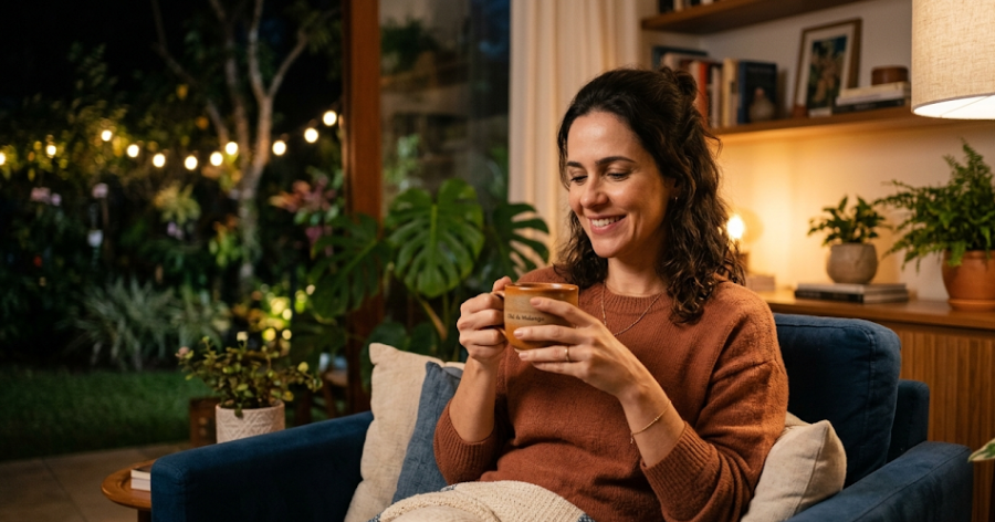 Mulher tomando chá de mulungu para ansiedade e relaxamento noturno